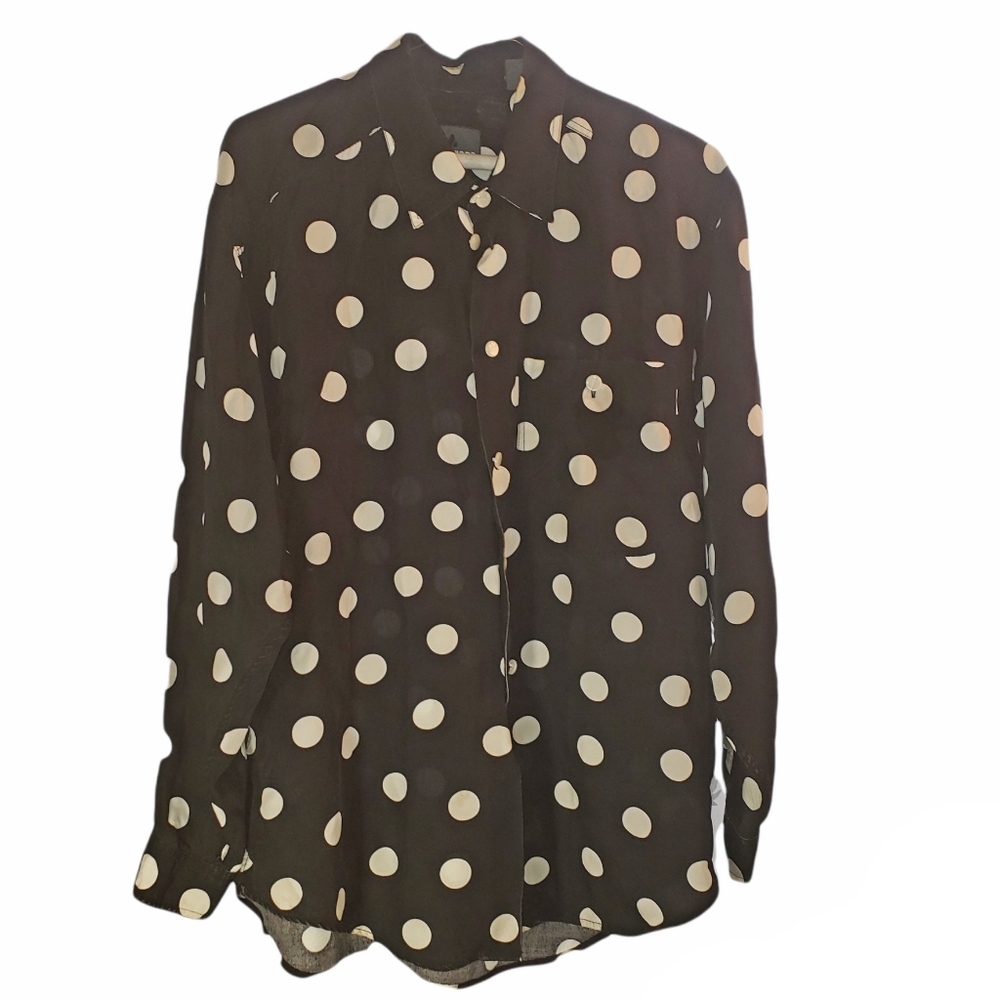 Vintage LIZWEAR  polka dot blouse Black White Long Sleeve Rayon Large